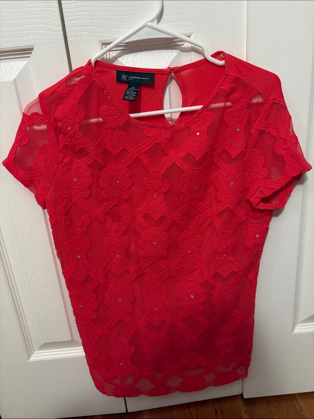 INC International Concepts Bright Red Lace Appliqué Short Sleeve Tunic